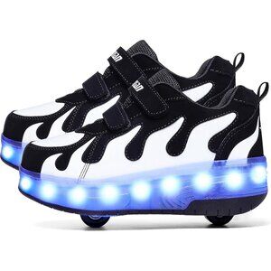 Kid's Girls Double Wheel Black Lighting Skate Sneaker USB Chargable LED Shoes